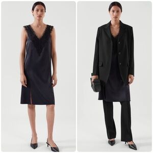 COS Lace Trim V-neck Satin Sleeveless Dress Size 10 Black & Midnight Blue